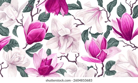 Floral background with pink and white magnolias. Spring blooming branches on white background. Completely hand drawn botanical illustrations. Background for computer, banner social networks