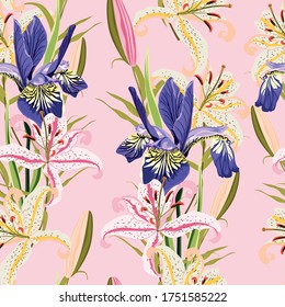 Floral background with pink yellow lilies and violet iris flowers. Hand drawn botanical illustration for  design.