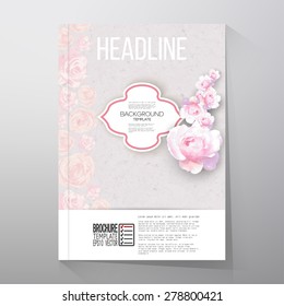 Floral background with place for text and pink flowers over canvas texture. Brochure or flyer vector template.