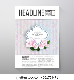 Floral background with place for text and pink flowers over linear blue background, canvas texture. Brochure or flyer vector template