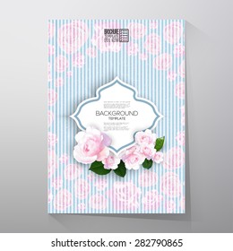 Floral background with place for text and pink flowers over linear blue background, canvas texture. Brochure or flyer vector template.