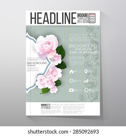 Floral background with place for text and pink flowers over linear blue background, canvas texture. Brochure or flyer vector template.