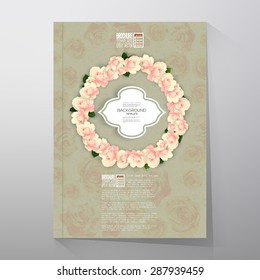 Floral background with place for text and pink flowers over canvas texture. Brochure or flyer vector template.
