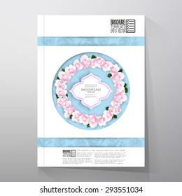Floral background with place for text and pink flowers over linear blue background. Brochure or flyer vector template.