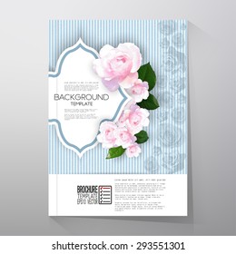 Floral background with place for text and pink flowers over linear blue background. Brochure or flyer vector template.