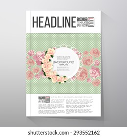Floral background with place for text and pink flowers over green dotted background. Brochure or flyer vector template.