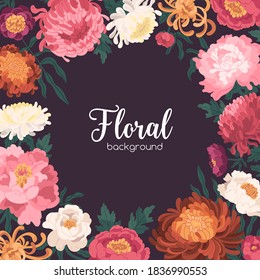 Floral background with place for text vector flat illustration. Square backdrop with blossom flowers. Elegant border with blooming romantic japanese peonies and chrysanthemum