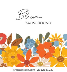 Floral background with place for text. Vector illustration with flowers. Colorful flat vector backdrop. Botanical illustration with border of delicate blossomed. Wildflowers on white background.