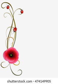 Floral background with poppy seeds and ladybugs, design element.