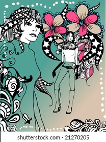 floral background with pretty woman