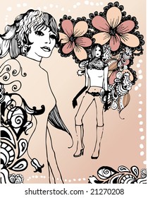 floral background with pretty woman