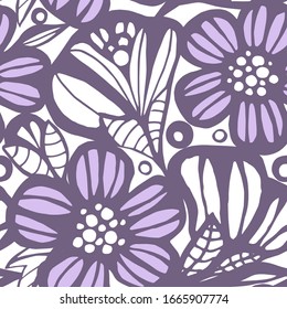 Floral background, purple carved flowers, seamless pattern on a white background, lace from flowers and leaves, a blank for creativity, elements for texture.