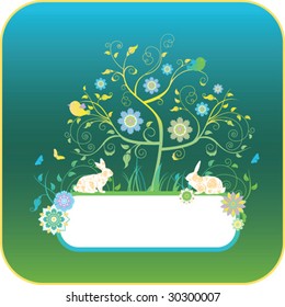 Floral background with rabbits. All elements and textures are individual objects. Vector illustration scale to any size.