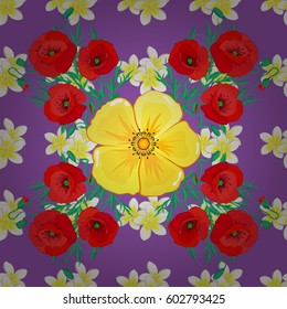 Floral background with radial effect. Textile print for bed linen, jacket, package design, fabric and fashion concepts. Vector seamless pattern with cosmos flowers and leaves on a violet background.