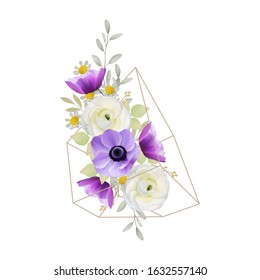 floral background with ranunculus and anemone flowers in terrarium