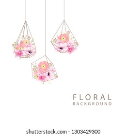 floral background with ranunculus, magnolia and anemone flowers in terrarium   