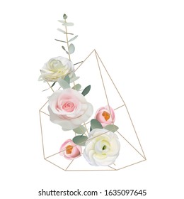 floral background with floral ranunculus and rose flowers in terrarium
