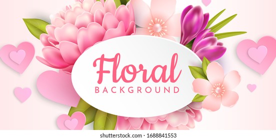 Floral background with realistic flowers and hearts.