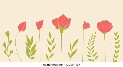 Floral background with red hand drawn flowers and leaves. Botanical elements. Flower bed. Vector art