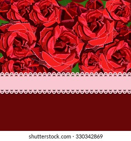 Floral background of red rose with pink ribbon. Floral copy-space