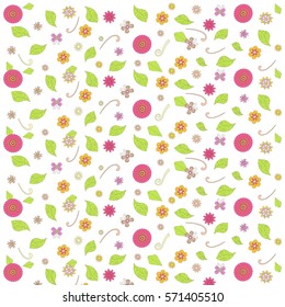 Floral background, red, violet, orange, yellow, pink flowers, butterfly, green leafs, swirls on white, stock vector illustration