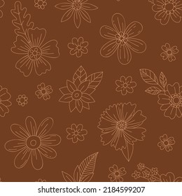 Blumenhintergrund im Retrostil mit linearen Blumen und Blättern. Ein nahtloses, florales Muster im Stil der 60er, 70er Jahre. Hippie, florales Kind, Vintage-Stil Blumen brauner Hintergrund.