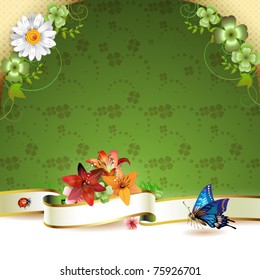 Floral background with ribbon, flowers and butterflies