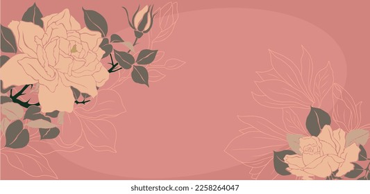 Floral background with Rose flowers, abstract line art leaves and copy space for text. Banners, cover, card, wallpaper design template. Trendy botanical vector illustration on neutral pink color.