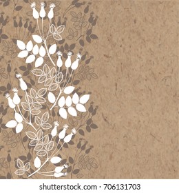 Floral background with rosehip berries. Vector illustration with place for text on a kraft paper . Can be used as greeting card, invitation or element for your design. 