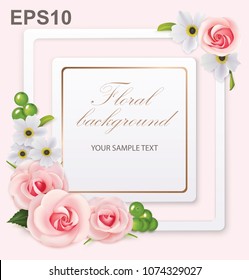 Floral background with roses, anemones and frame. Vector illustration 