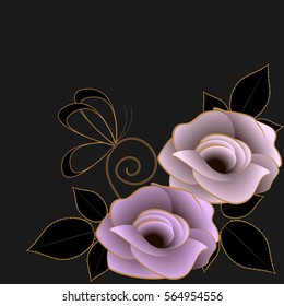 Floral background with roses and butterfly on black.