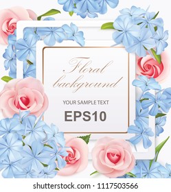 Floral background with roses, flocks and frame. Vector illustration 