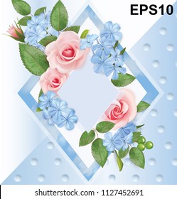 Floral background with roses, flocks and frame. Vector illustration 