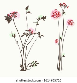 Floral background roses and rowan  or cranberry, vector illustration. Isolated on white.
