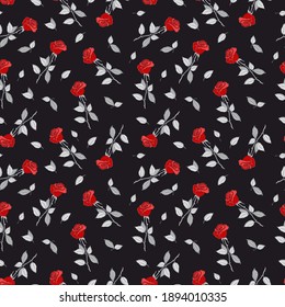 Fondo floral con rosas. Patrón sin foco con flores rojas y hojas grises. Ilustración del vector