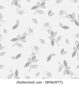 Floral background with roses. Seamless pattern with white rose flowers and gray leaves. Vector illustration on a light gray background