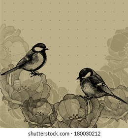 Floral background with roses and tits, hand-drawing. Vector illustration.