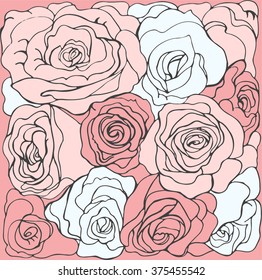 Floral background with roses. Vector sketch illustration in vintage style, romantic pattern.