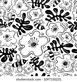 Floral background. Seamless pattern with bee and flower in doodle sketchy style. Cute vector illustration for spring and summer backdrops, surfaces, design, fabrics