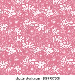 Floral background. Seamless pattern with bee and flower in doodle sketchy style. Cute vector illustration for spring and summer backdrops, surfaces, design, fabrics