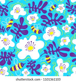 Floral background. Seamless pattern with bee and flower in doodle sketchy style. Cute vector illustration for spring and summer backdrops, surfaces, design, fabrics in bright colors