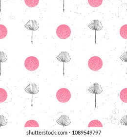 Floral background seamless pattern black and white with dandelion fluff silhouette. Beautiful nature backdrop. Trendy stylish wallpaper. Vector illustration