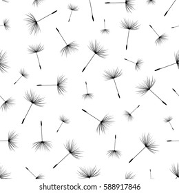 Floral background seamless pattern black and white with dandelion fluff silhouette. Beautiful nature backdrop. Trendy stylish wallpaper. Vector illustration