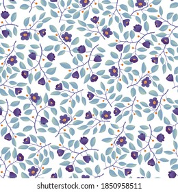 Floral background - seamless pattern, branches with teal leaves and purple flowers on white. Vector illustration, design for wallpaper, textile, fabric, wrapping.