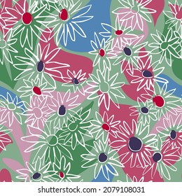 Floral background. Seamless pattern with daisy buds on texture with silhouettes of abstract rounded shapes. Summer botanical illustration. Sketch drawing. Simple ditsy ornament. For textile, fabric.