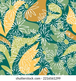 Floral background. Seamless pattern with daisy buds on texture with silhouettes of abstract rounded shapes. Summer botanical illustration. Sketch drawing. Simple ditsy ornament. For textile, fabric.