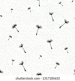 Floral background. Seamless pattern with dandelion fluff silhouette on a white background speckled. Beautiful nature backdrop. Trendy stylish wallpaper. Vector illustration