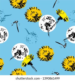 
Floral background seamless pattern with dandelions yellow and white colors on blue background hand-drawn marker for invitations and posters. Vector illustration