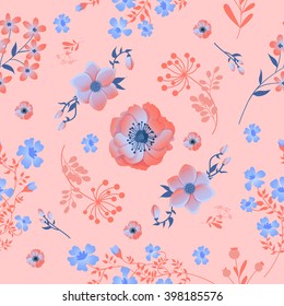Floral Background. Seamless Pattern. Flowers and Leaves. Vector background