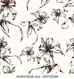 Floral background, seamless pattern with flowers lilies. For wallpaper design, wrapper, fabric design, print, decoration. Vector illustration